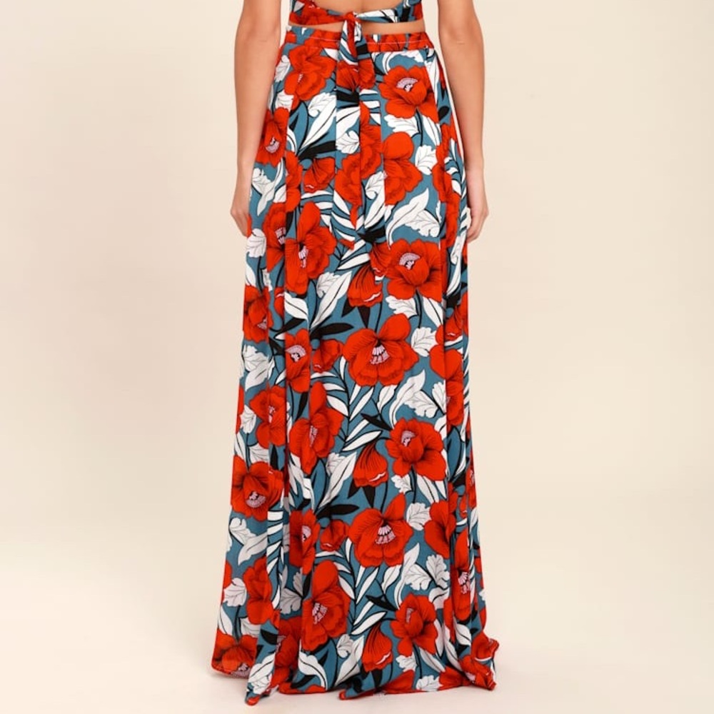 Lulus Double Slit Back To Your Roots Floral Red And Blue Maxi Skirt Woman’s Xs View 4